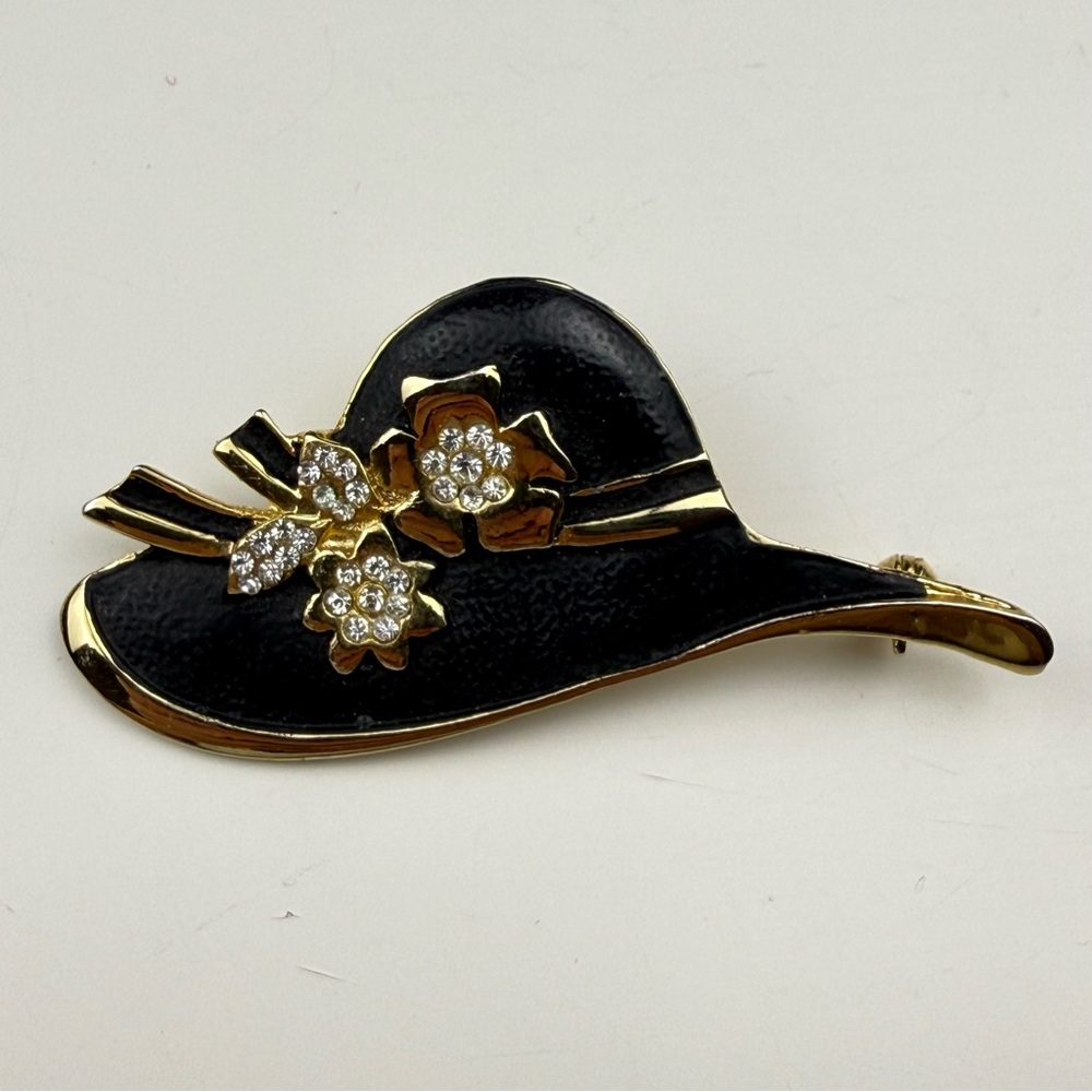 Vintage Black/Gold Hat Brooch with Small Rhinestones